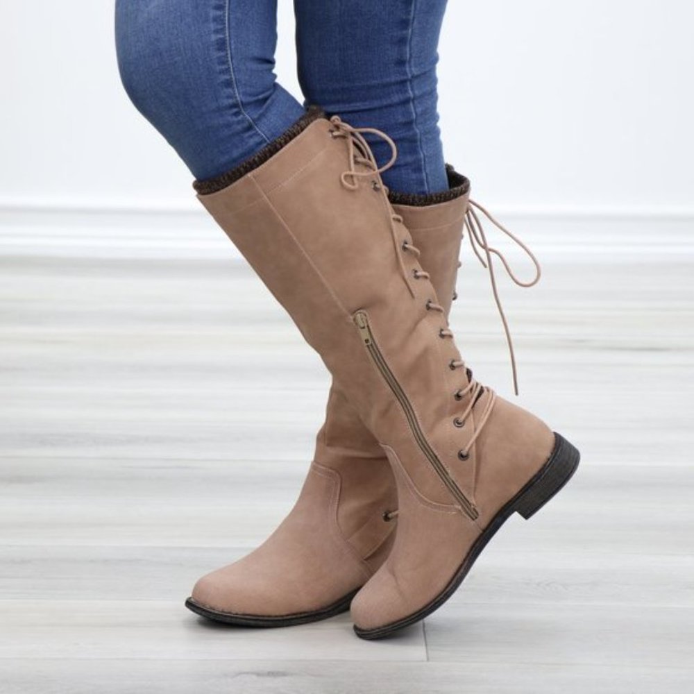 Taupe Warm Winter Mid Calf Lace Back Boots - Picture 4 of 15